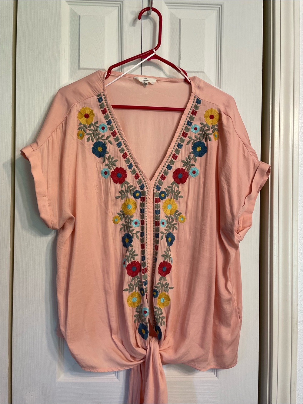 entro Pink Embroidered V-Neck Tie-Front Tunic